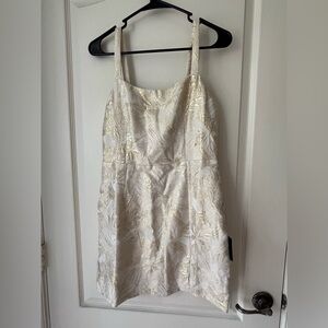 Lulu’s Shine for Us Cream Metallic Tropical Jacquard Mini Dress